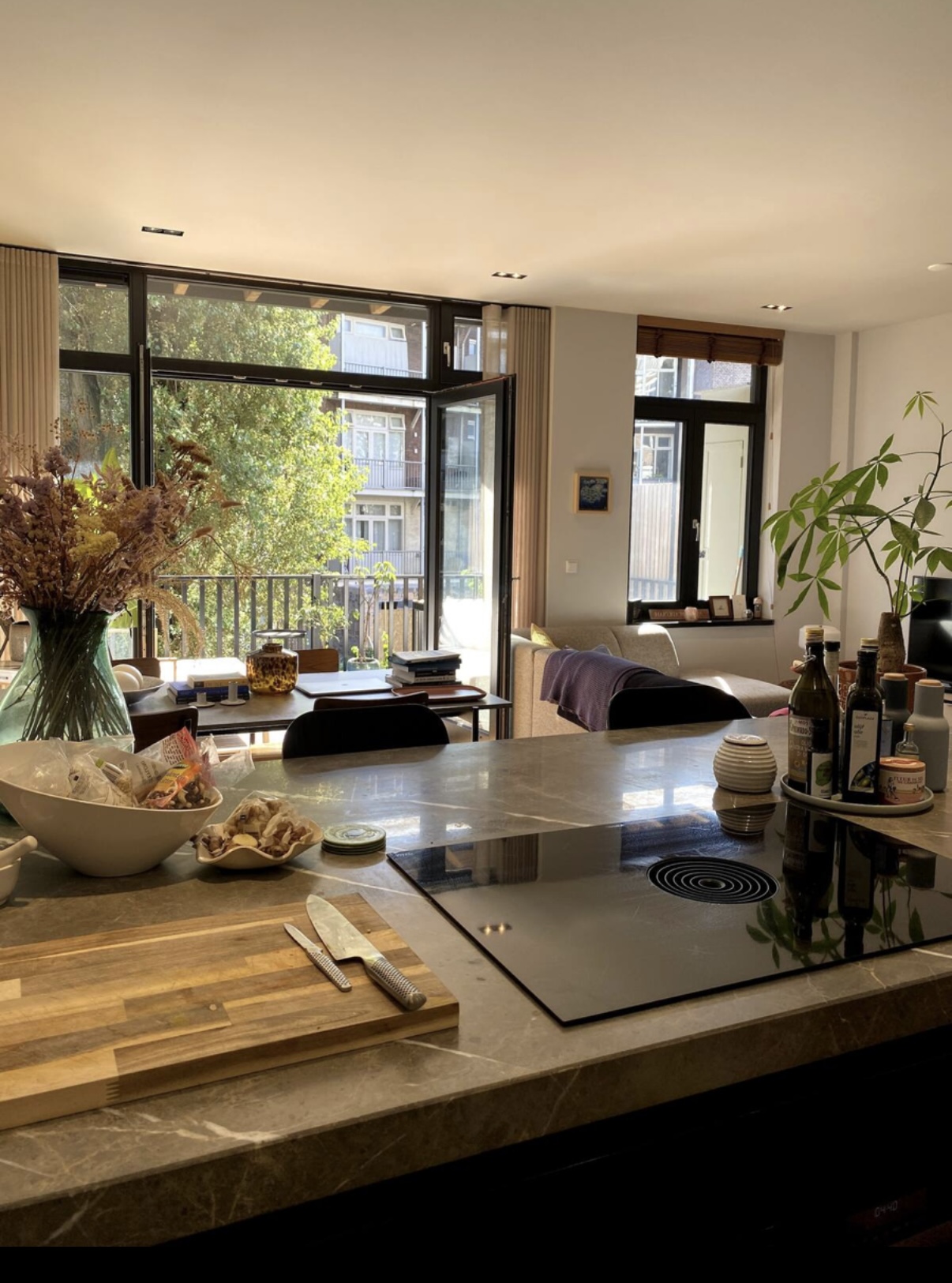 Real marble kitchen island of the luxury design canal apartment in Amsterdam Oud-West